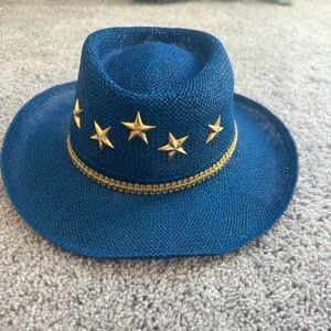 Ladies Vintage Blue Straw Cowboy Hat gold stars bow